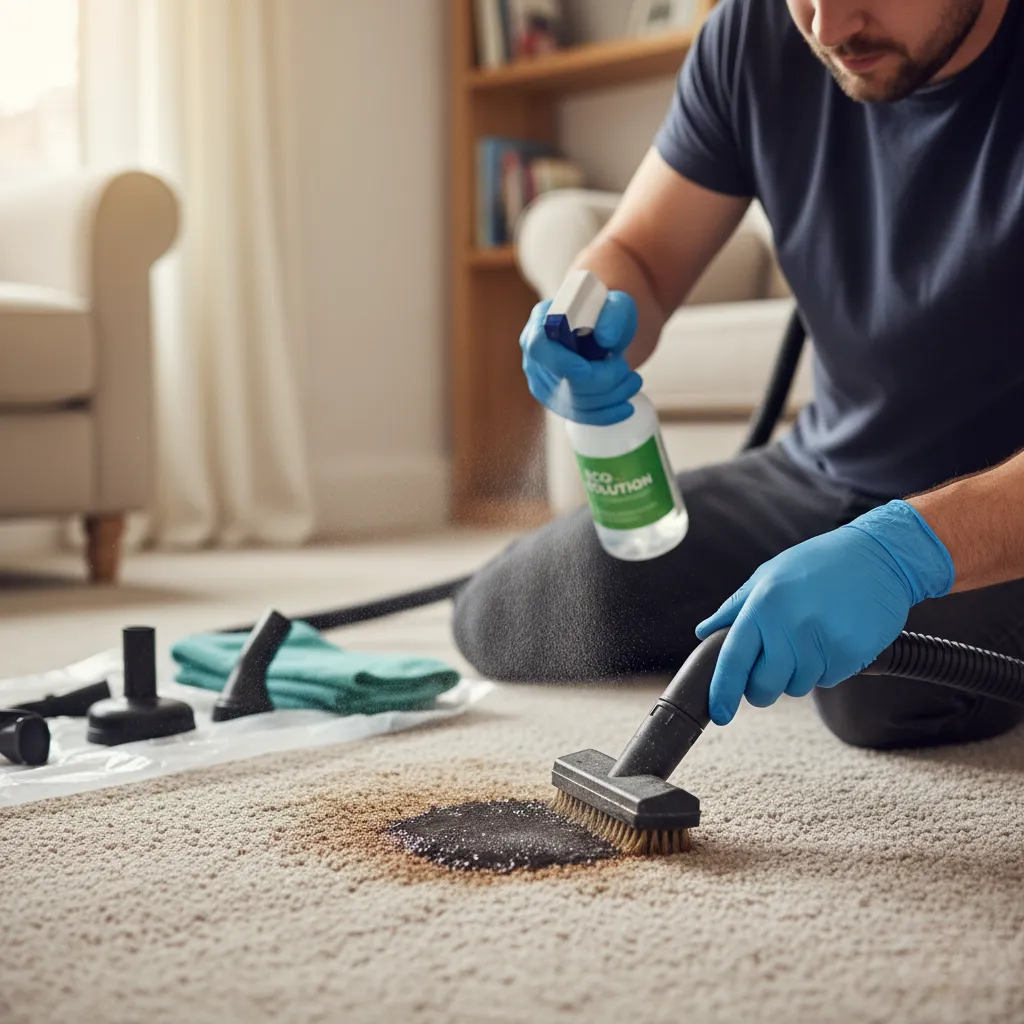 Cleaner removing carpet stains with eco-friendly products in an Oxford family home
