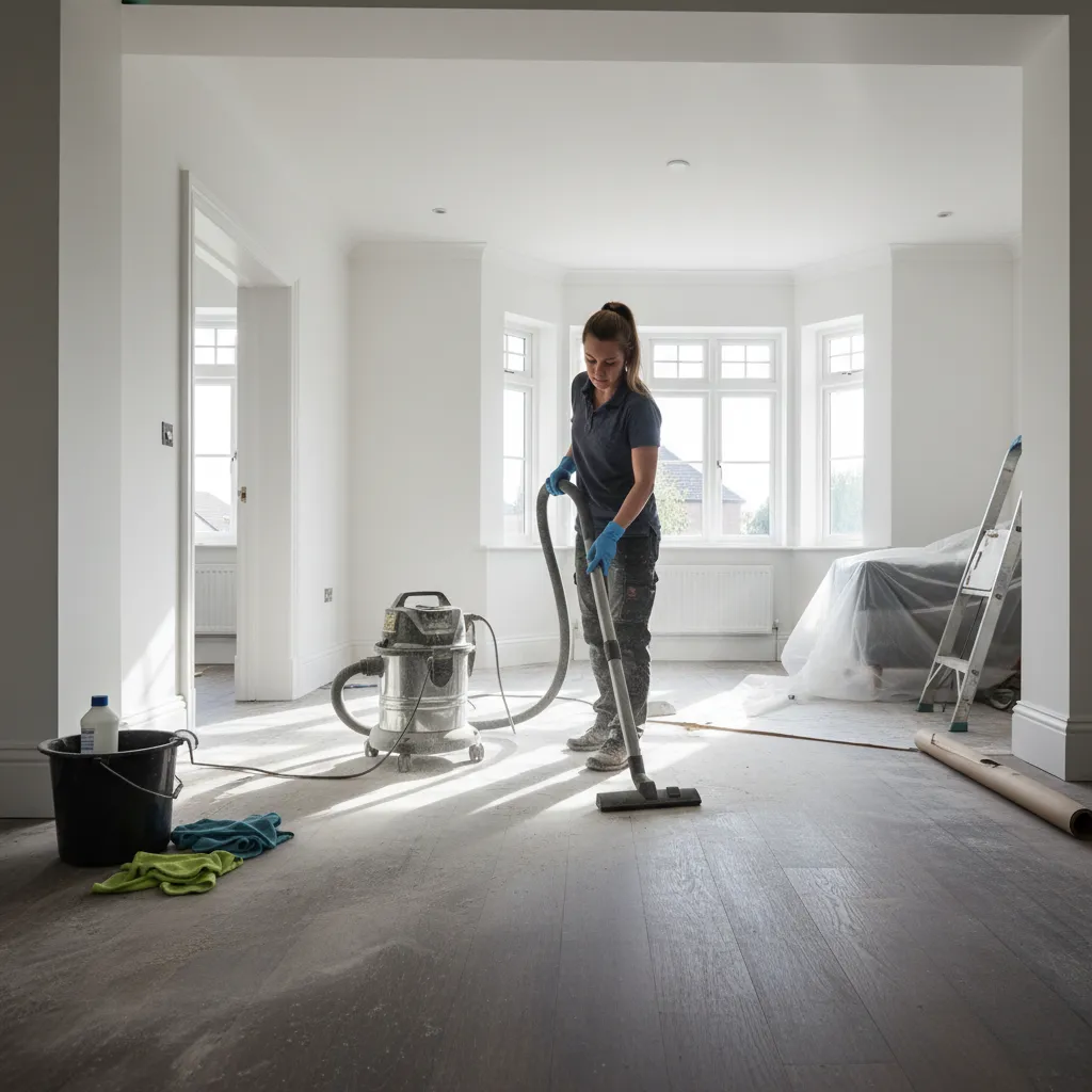 Cleaner removing construction dust during a builders clean in a renovated Faringdon home, wearing gloves and using a vacuum